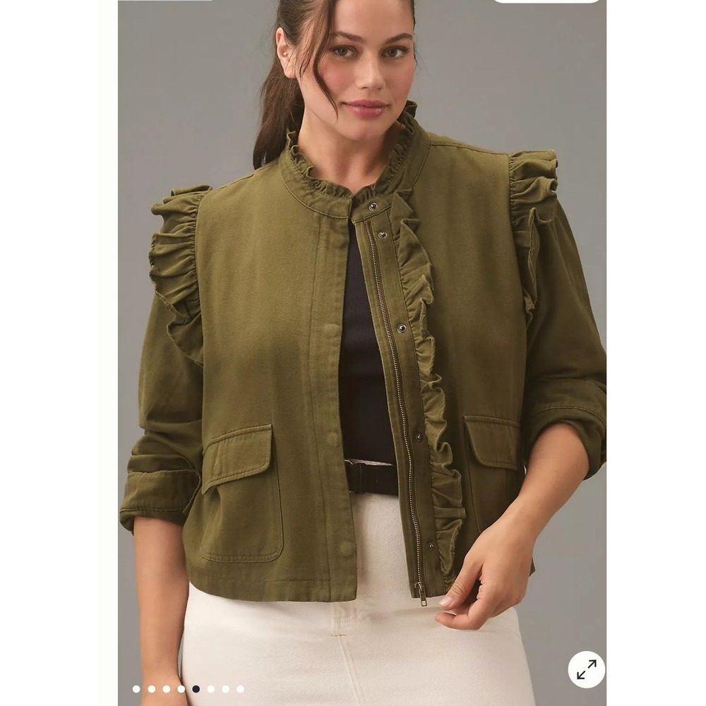 Anthropologie Pilcro Ruffled Utility Jacket Olive Green Mock Neck Zip Front